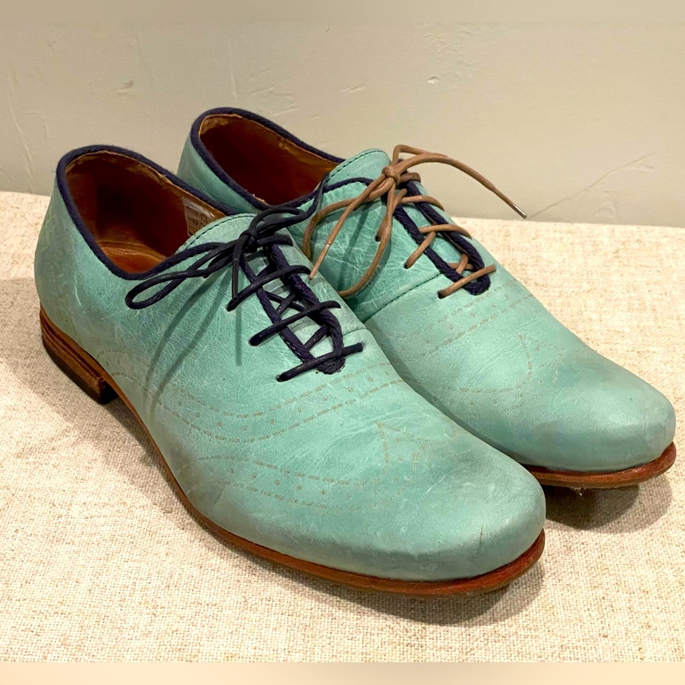 John Fluevog mint green oxfords with brogue detailing
